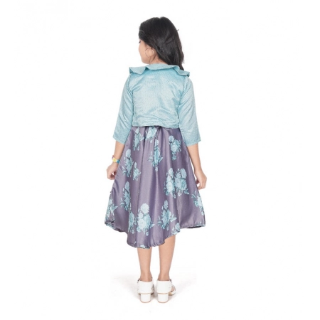 Generic Girl's Satin Printed Sleeve Less Round Neck Dress (Sea Green)
