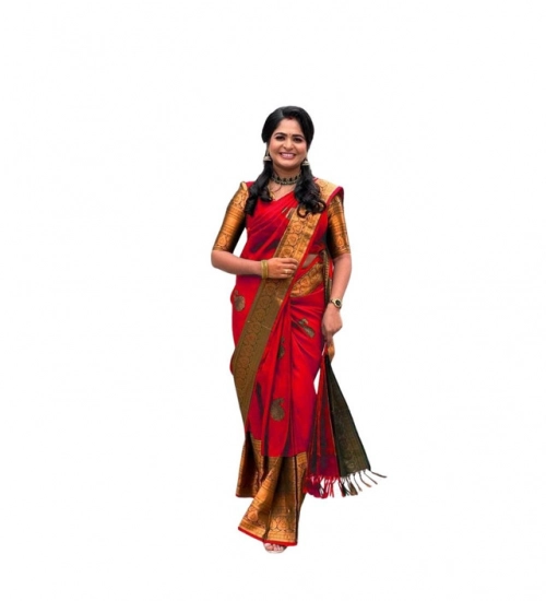 Generic Women's Soft Lichi Silk Printed Saree With Unstitched Blouse 5.5Mtr (Red)