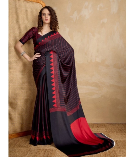 Generic Women's Satin Crepe Printed Saree With Unstitched Blouse 5.5Mtr (Black)