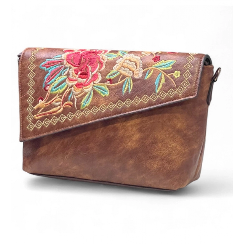 Generic Women's Polyurethane Floral Embroidered Crossbody Sling Bag with Adjustable & Removable Strap (Brown)