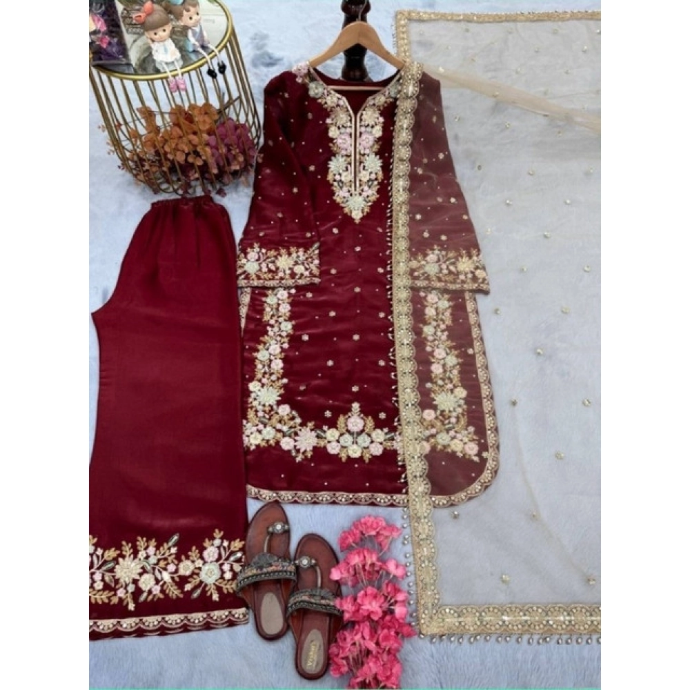 Generic Women's Silk Embroidered 3/4th Sleeve Round Kurti With Palazzo Pant and Dupatta Set (Maroon) Generic Women's Silk Embroidered 3/4th Sleeve Round Kurti With Palazzo Pant and Dupatta Set (Maroon)