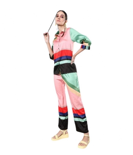Generic Women's Satin Colour Block Long Sleeves Co-Ord Set (Multicolor)