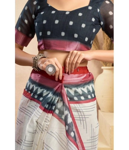 Generic Women's Faux Linen Floral Print Ready to wear Saree With Unstitched Blouse 5.5Mtr (OffWhite)