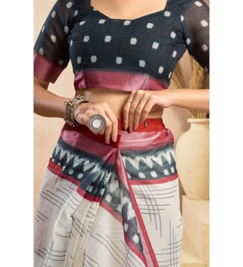 Generic Women's Faux Linen Floral Print Ready to wear Saree With Unstitched Blouse 5.5Mtr (OffWhite)