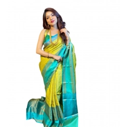 Generic Women's Soft Litchi Silk Jacquard Work Saree With Unstitched Blouse 5.5Mtr (Yellow)