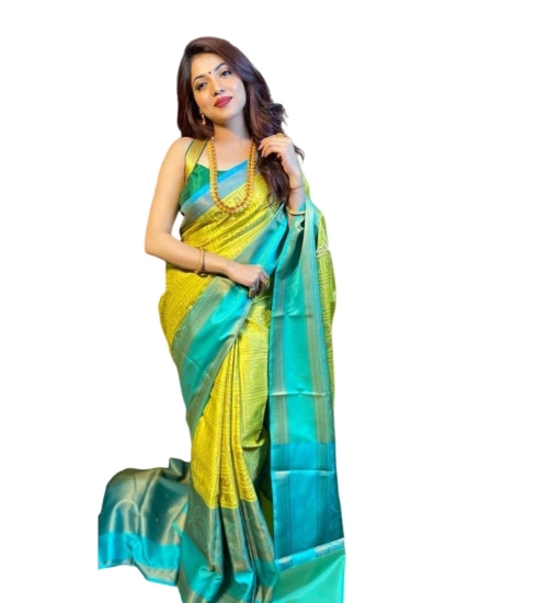 Generic Women's Soft Litchi Silk Jacquard Work Saree With Unstitched Blouse 5.5Mtr (Yellow)