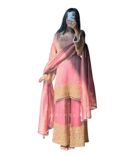 Generic Women's Silk Embroidered 3/4th Sleeve Round Kurti With Sharara Pant and Dupatta Set (Pink)