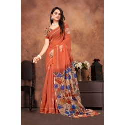 Generic Women's Linen Printed Saree With Unstitched Blouse 5.5Mtr (Red)