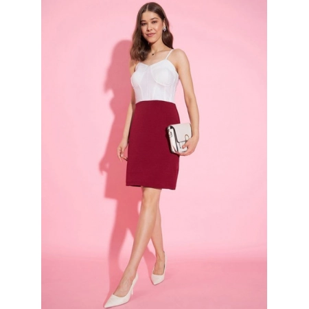 Generic Women's Polyester Lycra Color Blocking Shoulder Straps Dress (White - Maroon) Generic Women's Polyester Lycra Color Blocking Shoulder Straps Dress (White - Maroon)