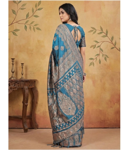 Generic Women's Silk Blend Printed Saree With Unstitched Blouse 5.5Mtr (Teal)