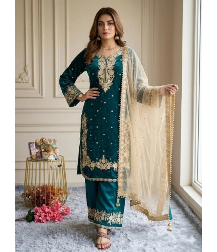 Generic Women's Silk Embroidered 3/4th Sleeve Round Kurti With Palazzo Pant and Dupatta Set (Teal)