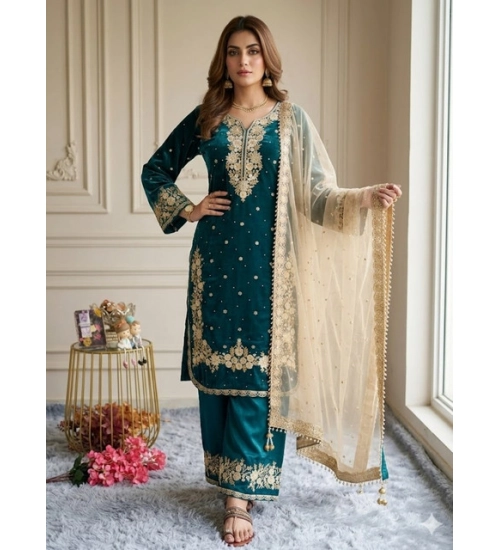 Generic Women's Silk Embroidered 3/4th Sleeve Round Kurti With Palazzo Pant and Dupatta Set (Teal) Generic Women's Silk Embroidered 3/4th Sleeve Round Kurti With Palazzo Pant and Dupatta Set (Teal)