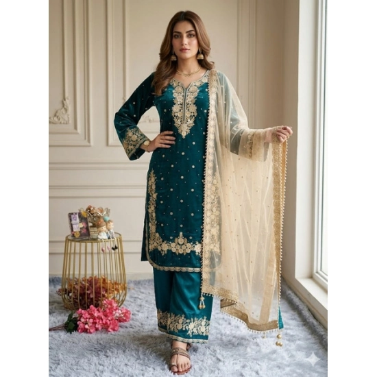 Generic Women's Silk Embroidered 3/4th Sleeve Round Kurti With Palazzo Pant and Dupatta Set (Teal) Generic Women's Silk Embroidered 3/4th Sleeve Round Kurti With Palazzo Pant and Dupatta Set (Teal)