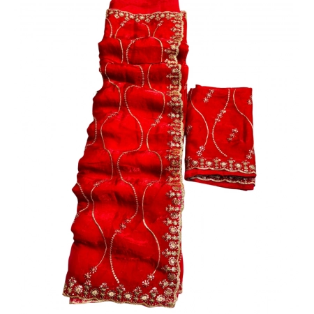 Generic Women's Slik Embellished Saree With Unstitched Blouse 5.5Mtr (Red)