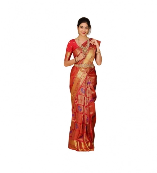 Generic Women's Soft Lichi Silk Printed Saree With Unstitched Blouse 5.5Mtr (Red)