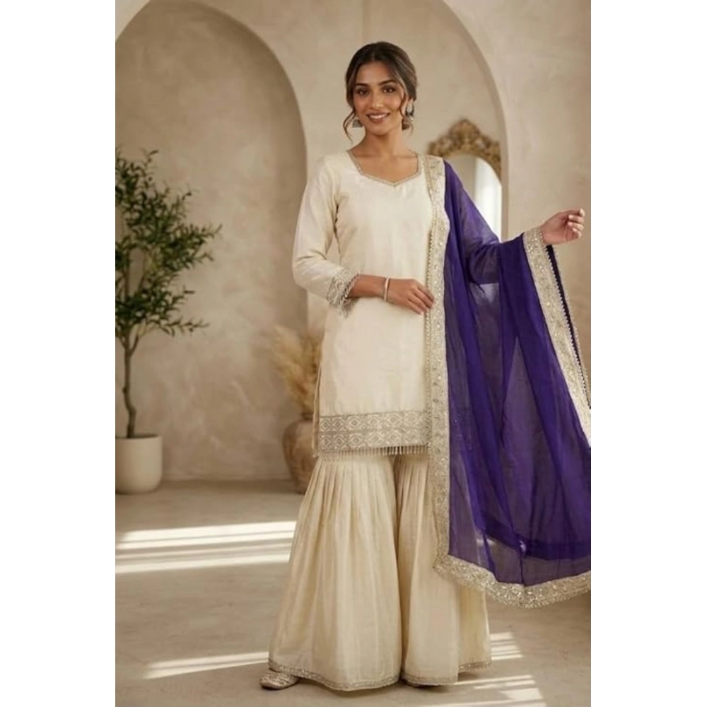 Generic Women's Silk Embroidered 3/4th Sleeve V-Neck Kurti With Sharara Pant and Dupatta Set (Cream & Purple) Generic Women's Silk Embroidered 3/4th Sleeve V-Neck Kurti With Sharara Pant and Dupatta Set (Cream & Purple)