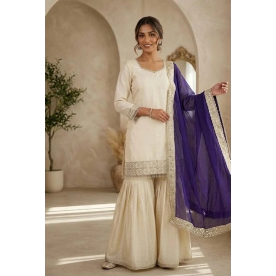 Generic Women's Silk Embroidered 3/4th Sleeve V-Neck Kurti With Sharara Pant and Dupatta Set (Cream & Purple) Generic Women's Silk Embroidered 3/4th Sleeve V-Neck Kurti With Sharara Pant and Dupatta Set (Cream & Purple)