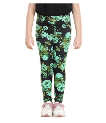 Generic Girl's Cotton Lycra Floral Elasticated Jeggings (Black-Green)