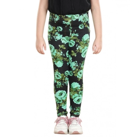 Generic Girl's Cotton Lycra Floral Elasticated Jeggings (Black-Green) Generic Girl's Cotton Lycra Floral Elasticated Jeggings (Black-Green)