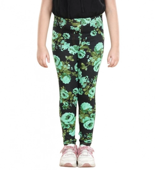 Generic Girl's Cotton Lycra Floral Elasticated Jeggings (Black-Green) Generic Girl's Cotton Lycra Floral Elasticated Jeggings (Black-Green)