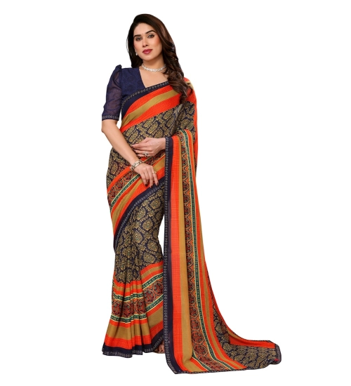 Generic Women's Georgette Printed Saree With Unstitched Blouse 5.5Mtr (Orange)