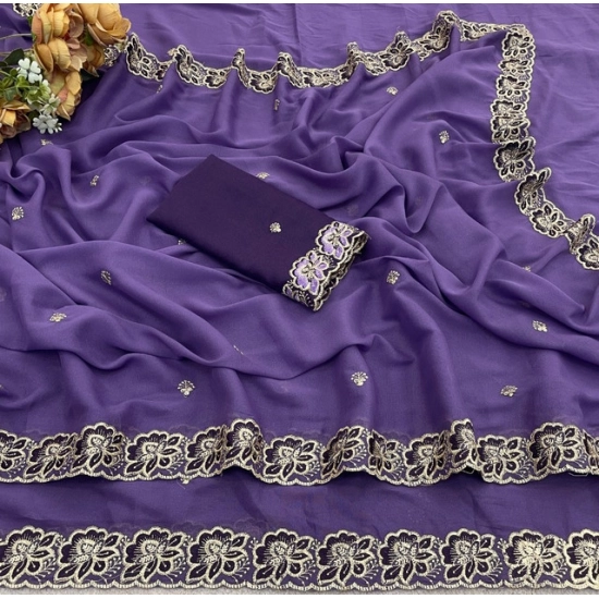 Generic Women's Star Georgette Embroidered Saree With Unstitched Blouse 5.5Mtr (Purple)