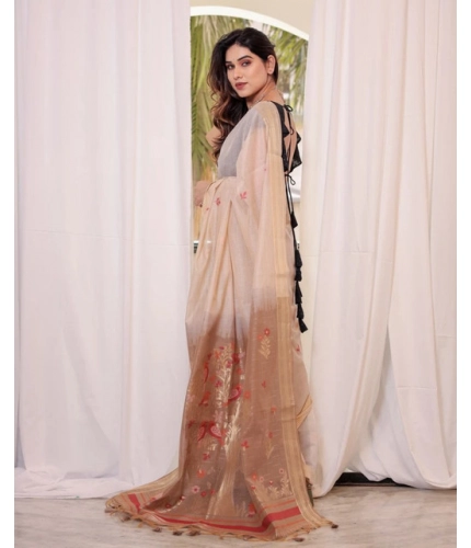Generic Women's Blended_Cotton Woven_Motifs Saree With Unstitched Blouse 5.5Mtr (Light_Beige)
