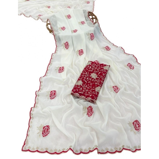 Generic Women's Star Georgette Embroidered Saree With Unstitched Blouse 5.5Mtr (White)