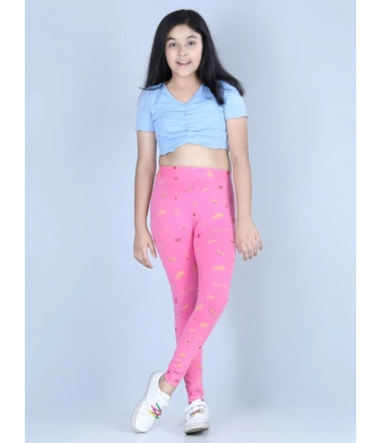 Generic Girl's Cotton Lycra Printed Elasticated Leggings (Pink)