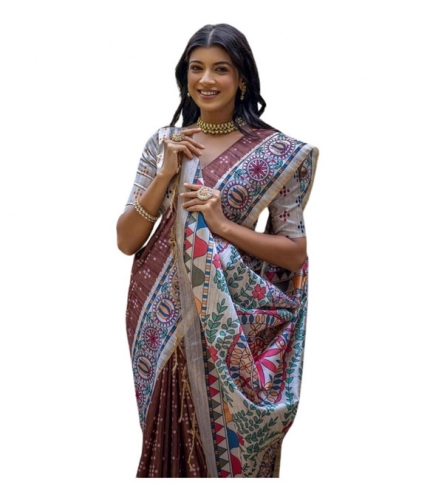 Generic Women's Faux_Tussar Geometric_Print Saree With Unstitched Blouse 5.5Mtr (Coffee)