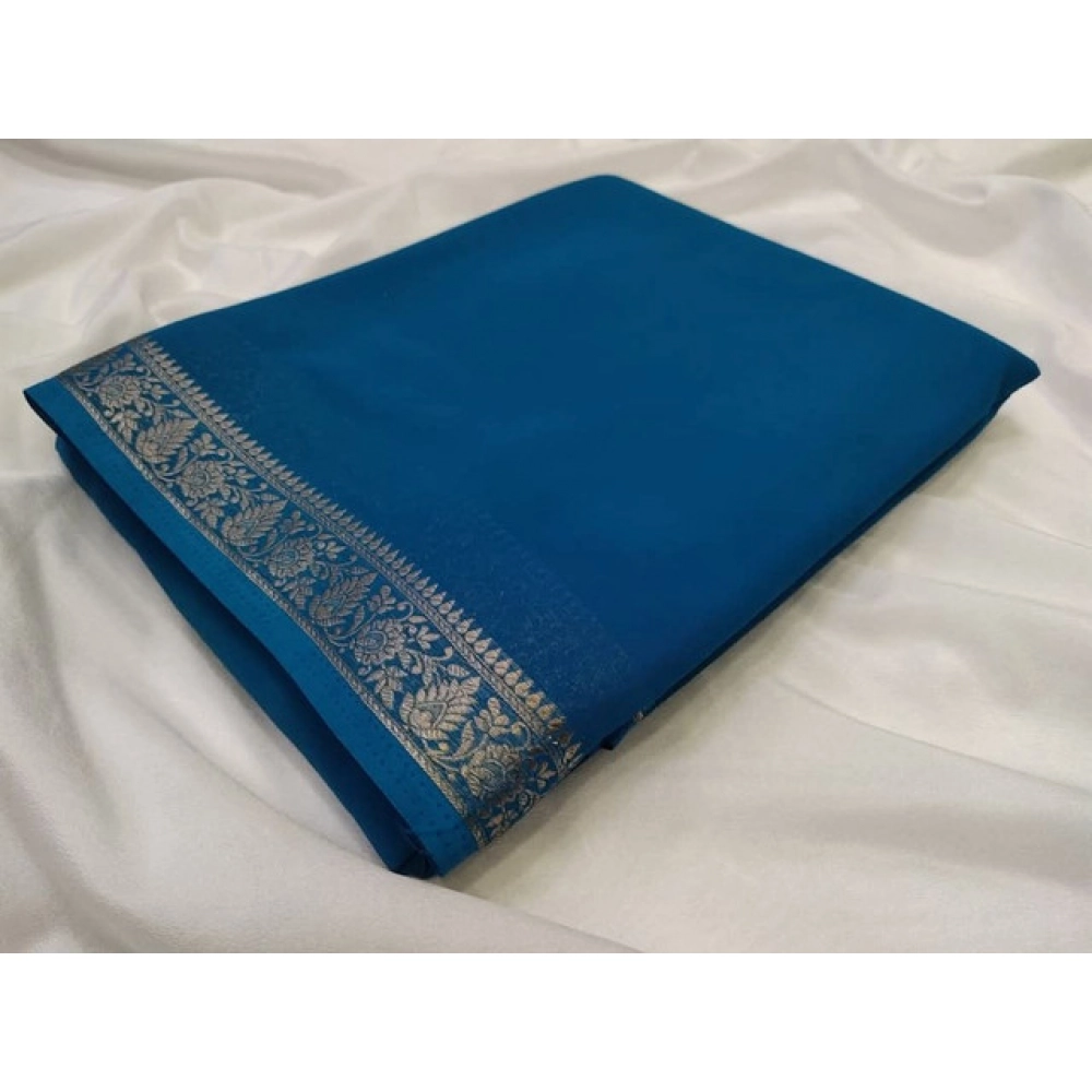 Generic Women's Crepe Chit Pallu Solid Saree With Unstitched Blouse 5.5Mtr (teal blue) Generic Women's Crepe Chit Pallu Solid Saree With Unstitched Blouse 5.5Mtr (teal blue)