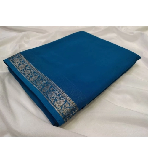 Generic Women's Crepe Chit Pallu Solid Saree With Unstitched Blouse 5.5Mtr (teal blue)
