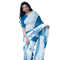 Generic Women's Linen Printed Saree With Unstitched Blouse 5.5Mtr (White)