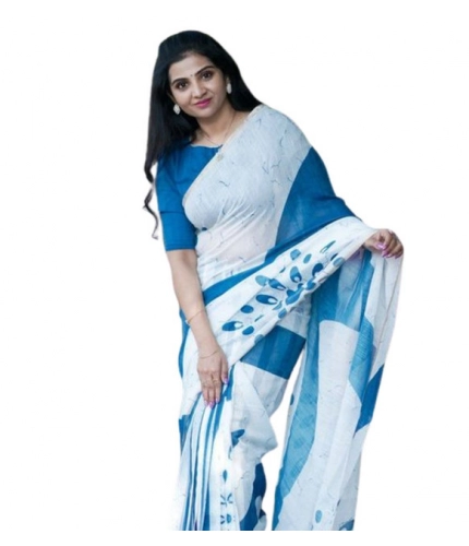 Generic Women's Linen Printed Saree With Unstitched Blouse 5.5Mtr (White)