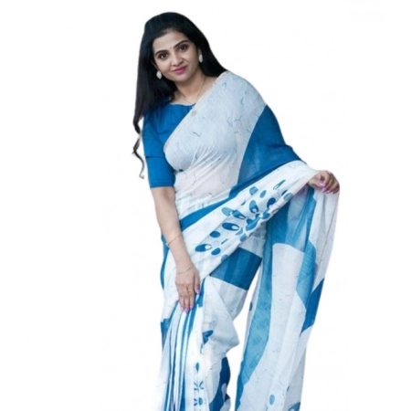 Generic Women's Linen Printed Saree With Unstitched Blouse 5.5Mtr (White)