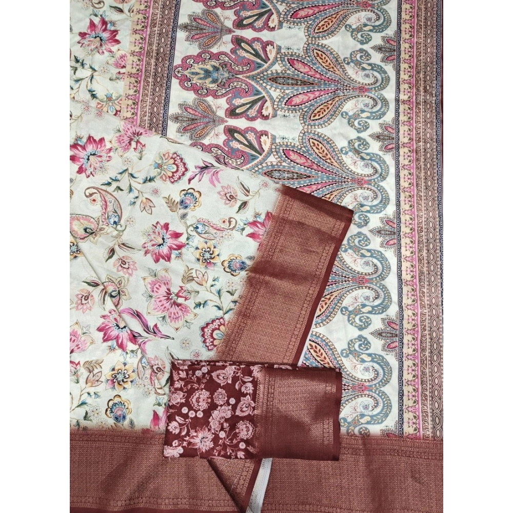 Generic Women's Cotton Silk Floral Printed Saree With Unstitched Blouse 5.5Mtr (Gold-Brown)