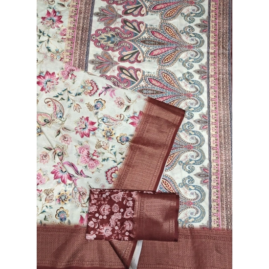 Generic Women's Cotton Silk Floral Printed Saree With Unstitched Blouse 5.5Mtr (Gold-Brown)