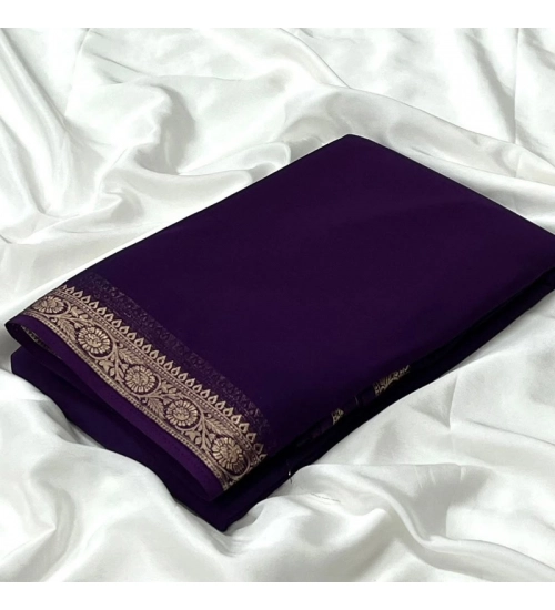 Generic Women's Crepe Chit Pallu Solid Saree With Unstitched Blouse 5.5Mtr (Dark Purple)
