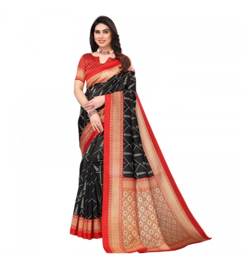 Generic Women's Litchi silk Printed Saree With Unstitched Blouse  5-6 Mtrs (Black)