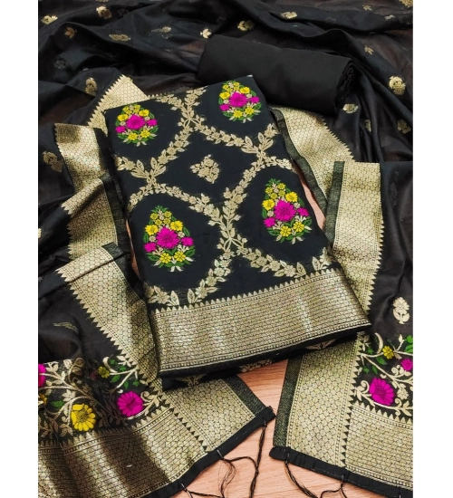 Generic Women's Banarasi Silk Printed Unstitched Salwar Suit Material With Dupatta (Black, 3Mtrs)