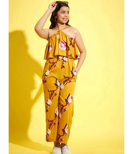 Generic Girl's Polyester Crepe Floral Sleeveless Jumpsuit (Mustard)