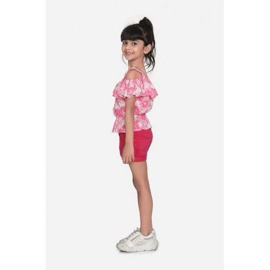 Generic Girl's Cotton Floral Cold Shoulder Top and Shorts Set (Pink-Red)