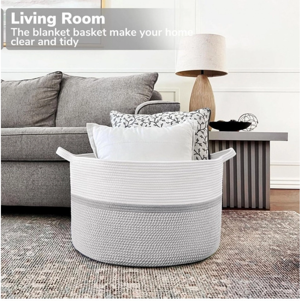 Generic Cotton Dori 16x14 Inch Storage Basket For Clothes With Out Lid (White-Gray-White)