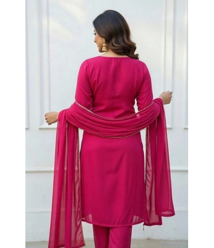 Generic Women's Georgette Ethnic Motif Round 3/4th Sleeve Kurti With Pant Dupatta Set (Pink)