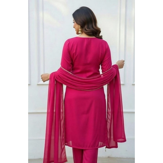 Generic Women's Georgette Ethnic Motif Round 3/4th Sleeve Kurti With Pant Dupatta Set (Pink)