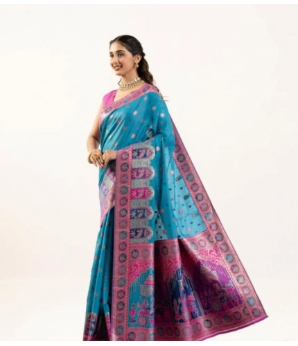 Generic Women's Faux_Banarasi Woven Motifs Saree With Unstitched Blouse 5.5Mtr (Teal)