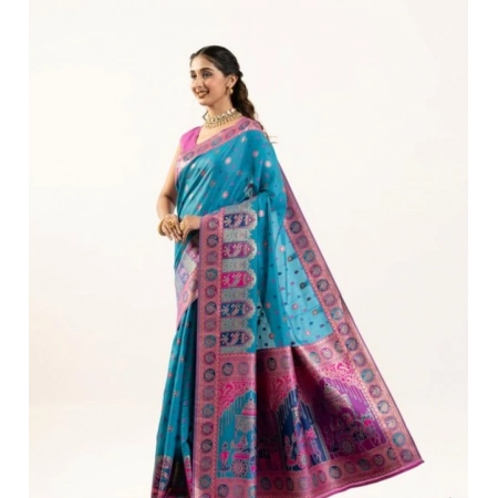 Generic Women's Faux_Banarasi Woven Motifs Saree With Unstitched Blouse 5.5Mtr (Teal)