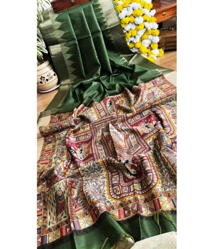 Generic Women's Tussar Silk Madhubani Saree With Unstitched Blouse 5.5Mtr (Green)