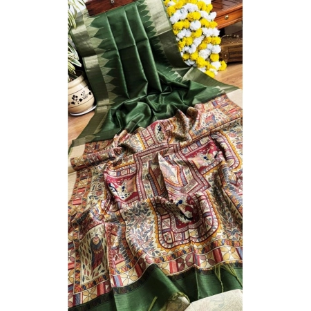 Generic Women's Tussar Silk Madhubani Saree With Unstitched Blouse 5.5Mtr (Green)