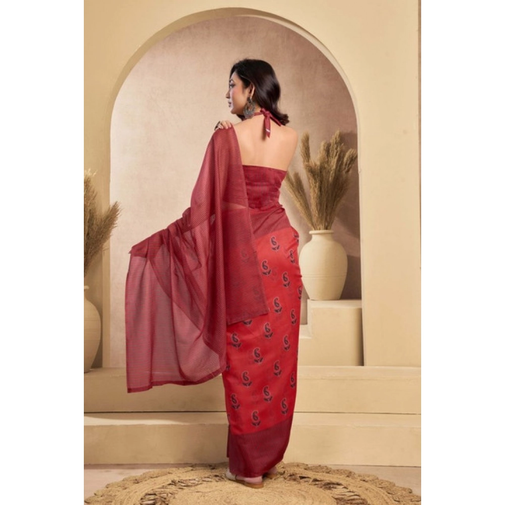 Generic Women's Faux_Linen Printed Ready-to-Wear Saree With Unstitched Blouse 5.5 Mtr (Red)